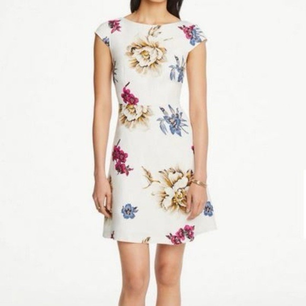 Ann Taylor Factory Linen Blend‎ Floral Dress Fit & Flare Size 4P Colorful Lined